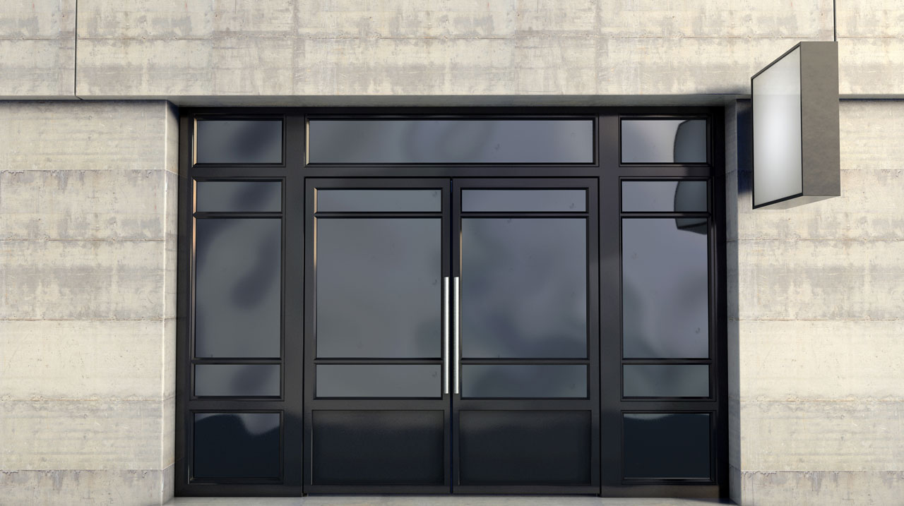 Black tinted windows of a commercial property