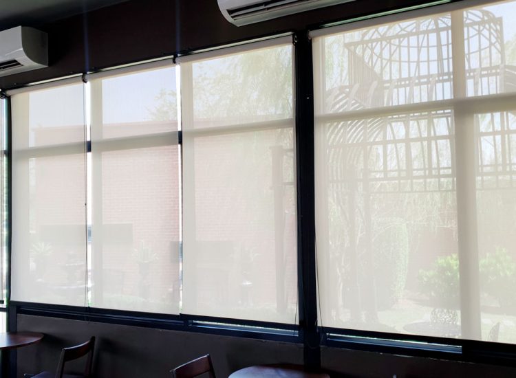 A commercial establishment with installed window coverings