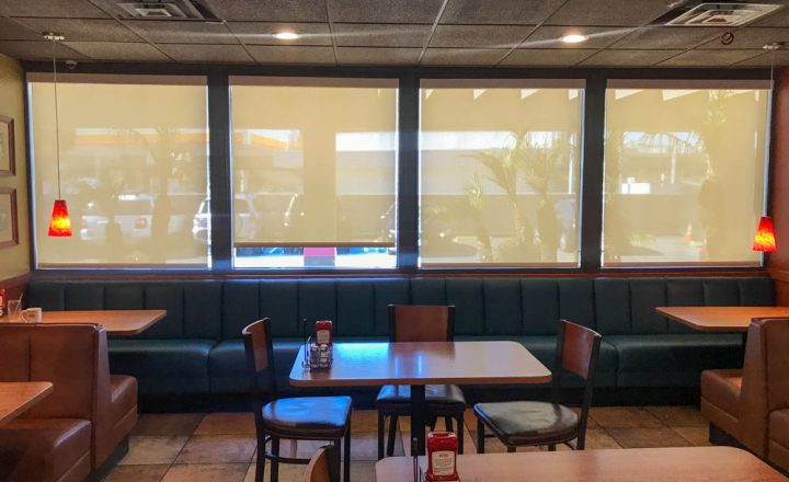 Window shades installed in a restaurant
